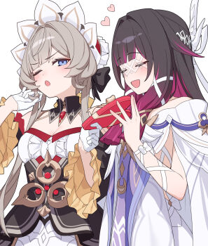 Rule 34 | 2girls, black bow, black collar, black dress, black hair, black sleeves, blue eyes, blush, bonnet, bow, box, box of chocolates, brown hair, closed eyes, collar, colored inner hair, columbina (genshin impact), commentary request, cowboy shot, detached collar, detached sleeves, dress, eye mask, gem, genshin impact, gift, giving, gloves, hair ornament, half gloves, heart, heart-shaped box, highres, holding, holding gift, long hair, mask, multicolored hair, multiple girls, one eye closed, open mouth, purple hair, purple streaks, red gem, sandrone (genshin impact), see-through clothes, see-through mask, short hair with long locks, simple background, smile, twirling hair, two-tone hair, valentine, white background, white dress, white headdress, white mask, wide sleeves, wing hair ornament, x-shaped eyewear, yellow bow, yuri, yuu maraa