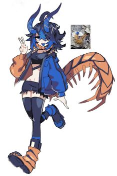 1girl antennae arthropod_girl arthropod_tail black_hair black_shorts black_thighhighs blue_eyes blue_hair blue_jacket blue_tongue boots bug centipede colored_inner_hair colored_tips colored_tongue commentary english_commentary full_body hair_over_one_eye highres jacket jellychuz multicolored_hair orange_hair orange_jacket original sharp_teeth short_hair shorts simple_background solo sports_bra teeth thighhighs v white_background