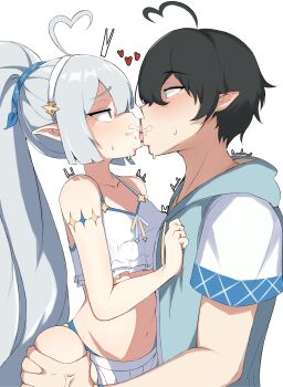 1boy 1girl absurdres ahoge anger_vein bikini black_hair blue_eyes breasts female_tyrant_(stella_sora) french_kiss frills grabbing_another&#039;s_ass grey_hair groping hairband heart hetero highres holding iruka3024 jacket kiss long_hair male_tyrant_(stella_sora) open_mouth pointy_ears selfcest shirt short_hair simple_background small_breasts star_(symbol) stella_sora swimsuit tyrant_(stella_sora) very_long_hair white_background white_bikini white_shirt