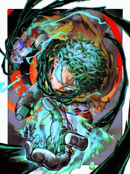 1boy absurdres atmosgear boku_no_hero_academia border cape commentary_request freckles gauntlets gloves glowing glowing_eyes green_aura green_eyes green_hair highres leg_armor long_sleeves looking_at_viewer male_focus midoriya_izuku reaching reaching_towards_viewer short_hair simple_background solo white_border white_gloves yellow_cape