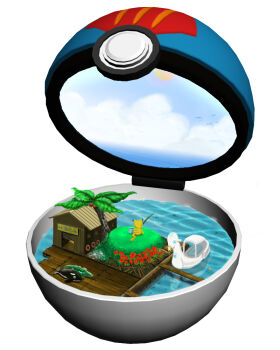 alligator cloud crocodilian dock fishing fishing_rod flower gen_1_pokemon holding holding_fishing_rod lure_ball minimized nintendo no_humans open_poke_ball orca pikachu poke_ball pokemon pokemon_(creature) ruun_(abcdeffff) shack shinryaku!_ikamusume sky swan_boat water