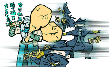 1boy 1other ambiguous_gender bad_tag bearer_of_the_curse black_boots black_coat black_gloves black_hair black_pants bloodborne blue_shirt boots chinese_text coat commentary dark_souls_(series) dark_souls_ii dual_wielding full_body gauntlets gloves green_shirt helm helmet holding hunter_(bloodborne) kanon_(rsl) looking_at_viewer pants shirt short_hair simple_background t-pose translation_request v v_over_eye white_background