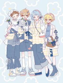 Rule 34 | 4boys, :d, :o, ahoge, alternate costume, animal print, ankle boots, asymmetrical hair, bag, basket, blonde hair, blue background, blue boots, blue bow, blue hair, blue ribbon, blue shirt, blue shoes, blunt bangs, blunt ends, blush, bob cut, boots, bouquet, bow, bow legwear, brown eyes, brown hair, clothes writing, coat, collarbone, collared coat, commentary request, contrapposto, denim, denim overalls, denim shorts, denim vest, ensemble stars!, fanny pack, fashion, flats, floral background, floral print headwear, flower, flower hairpin, frilled sleeves, frills, full body, gingham bag, gingham shirt, gingham shorts, grey shoes, hair between eyes, hair flower, hair ornament, hair ribbon, hairband, hairclip, half-closed eyes, headband, headscarf, highres, holding, holding basket, holding bouquet, holding flower, jeans, kneehighs, lace, lace-trimmed boots, lace-trimmed shirt, lace trim, layered sleeves, long sleeves, looking at viewer, male focus, mashiro tomoya, messy hair, multiple boys, nene rabits, nito nazuna, one eye closed, open mouth, overalls partially removed, pants, patchwork clothes, pink bag, pink hairband, pink headband, puffy long sleeves, puffy pants, puffy sleeves, purple eyes, rabbit print, rabbits (ensemble stars!), red eyes, ribbon, ribbon legwear, see-through clothes, see-through overskirt, see-through shirt, shino hajime, shirt, shirt under shirt, shoes, short bangs, short hair, shorts, shoulder bag, sleeve ribbon, smile, sneakers, socks, standing, stuffed animal, stuffed rabbit, stuffed toy, t-shirt, tenma mitsuru, two-tone bag, white bag, white bow, white coat, white flower, white headscarf, white ribbon, white shirt, white socks, yellow shirt, yellow shoes, yellow shorts