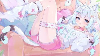 1girl ahoge animal_ear_fluff animal_ears blue_eyes bow braid cat_ears cat_girl cat_tail collar commentary densetsu.exe dnishe0_0 dolphin_shorts frilled_straps frilled_thigh_strap gradient_hair green_hair hair_ornament highres leg_warmers long_hair looking_at_viewer mint_fantome mint_fantome_(otaku) multicolored_hair pink_collar pink_shorts shorts solo sweater tail tail_bow tail_ornament thigh_strap thighs twin_braids virtual_youtuber white_hair white_leg_warmers white_sweater x_hair_ornament