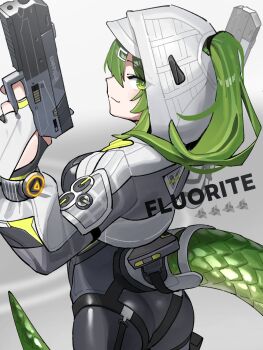 1girl absurdres arknights arknights:_endfield ass bodysuit commentary_request fluorite_(arknights) green_eyes green_hair green_tail grey_bodysuit gun handgun highres holding holding_gun holding_weapon kopezo looking_at_viewer looking_back ponytail snake_tail solo tail weapon