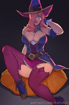 1girl bewitching_miss_fortune breasts cleavage hair_over_one_eye halloween_costume hat kalruna league_of_legends miss_fortune_(league_of_legends) pink_hair solo thighhighs witch_hat