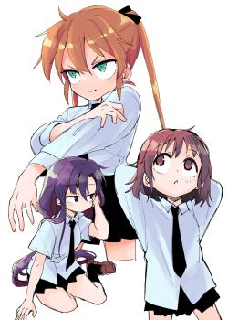 Rule 34 | 3girls, absurdres, arms behind head, black eyes, blonde hair, brown eyes, brown hair, collared shirt, goshiki agiri, green eyes, hand on own arm, hand on own head, highres, kill me baby, loafers, long hair, long sleeves, looking to the side, looking up, multiple girls, necktie, oribe yasuna, parted lips, pleated skirt, purple hair, school uniform, sekichuu (unholywars12), shirt, shoes, short hair, short sleeves, sitting, skirt, smile, socks, sonya (kill me baby), twintails, very long hair, yokozuwari