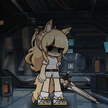 1girl animal_ear_fluff animal_ears arknights blank_stare blemishine_(arknights) blonde_hair bow empty_eyes extra_ears hair_bow holding holding_sword holding_weapon horse_ears horse_girl horse_tail looking_at_viewer open_mouth parted_lips ponytail shaded_face solo sword tail the_mad_mimic weapon