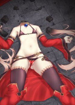 1girl absurdres bare_shoulders belt bikini black_bikini black_thighhighs blonde_hair boots breasts cameltoe corpse crack death destruction detached_sleeves gem gini_university gluteal_fold gold_trim groin headless highres iris_mysteria! jewelry ladis_(iris_mysteria!) long_hair lying multicolored_bikini navel neck_ring on_back on_floor petrification red_bikini red_boots red_sleeves small_breasts solo stomach stone_floor swimsuit thighhighs tile_floor tiles twintails waist_cape wide_sleeves