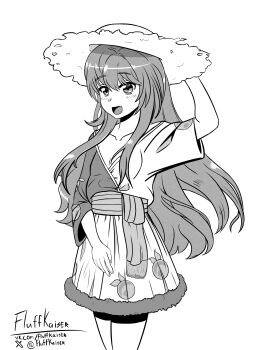 1girl absurdres aisaka_taiga blush breasts casual collarbone commentary english_commentary fang fluffkaiser fur-trimmed_kimono fur_trim happy hat highres japanese_clothes kimono long_hair looking_ahead mandarin_orange_print monochrome open_mouth sash simple_background skin_fang small_breasts smile solo sun_hat tongue toradora! very_long_hair waist_sash white_background