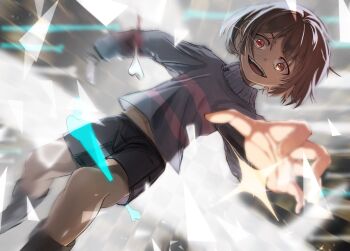 1girl battle black_shorts blood blood_on_clothes blue_sweater bone boots border brown_boots brown_hair commentary dappled_sunlight evil_smile foskosa frisk_(undertale) highres holding holding_knife impaled indoors injury jumping knife light_particles midair midriff_peek motion_blur ornate_border outdoors outstretched_arms red_eyes running running_towards_viewer shorts smile sparkle striped_clothes striped_sweater sunlight sweater undertale utdr_(toby_fox)