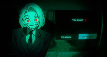 1girl adda_(meloni_shvarts) collared_shirt crazy_eyes crazy_smile female_focus highres looking_at_viewer meloni_shvarts necktie no_i&#039;m_not_a_human original red_eyes shirt short_hair smile solo teeth upper_body