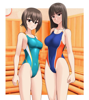 2girls absurdres aqua_one-piece_swimsuit black_eyes blue_one-piece_swimsuit blunt_bangs breasts brown_eyes brown_hair commentary_request competition_swimsuit covered_navel cowboy_shot girls_und_panzer highleg highleg_one-piece_swimsuit highres indoors large_variant_set long_hair mature_female medium_breasts mother_and_daughter multicolored_swimsuit multiple_girls nishizumi_maho nishizumi_shiho one-piece_swimsuit sauna short_hair swimsuit takafumi variant_set