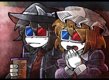 2girls 3d_glasses black_capelet black_collar black_hair black_hat blush bow capelet collar cup dress drinking expressionless hair_between_eyes hat hat_bow holding holding_cup maribel_hearn mob_cap movie_theater multiple_girls necktie nervous open_mouth own_hands_together purple_dress shirt sitting sleeve_cuffs suenari_(peace) touhou usami_renko watching_television white_bow white_collar white_hat white_shirt