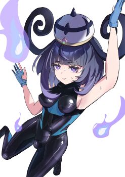 1girl absurdres alternate_costume armpits black_hair blue_gloves blunt_bangs bodysuit breasts closed_mouth eyelashes fire gloves gradient_hair gwynn_(pokemon) hat highres looking_at_viewer multicolored_hair nintendo partially_fingerless_gloves pokemon pokemon_legends:_z-a purple_eyes purple_fire purple_hair short_hair solo sweat vermin. white_background white_hat