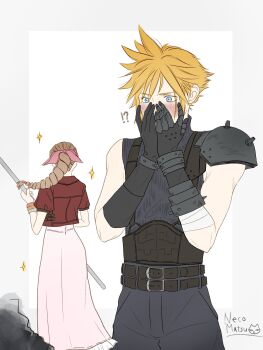 !? 1boy 1girl aerith_gainsborough armor artist_name bandaged_arm bandages bangle belt black_gloves black_pants black_shirt blonde_hair blue_eyes blush border bracelet braid braided_ponytail brown_belt brown_hair cloud_strife commentary_request cow cropped_jacket dress fighting_stance final_fantasy final_fantasy_vii final_fantasy_vii_rebirth final_fantasy_vii_remake gloves grey_border hair_ribbon hands_on_own_face highres holding holding_staff jacket jewelry long_dress long_hair multiple_belts nekomatsu pants pauldrons pink_dress pink_ribbon red_jacket ribbon shirt short_hair shoulder_armor single_bare_shoulder single_braid single_pauldron sleeveless sleeveless_turtleneck sparkle spiked_hair staff turtleneck