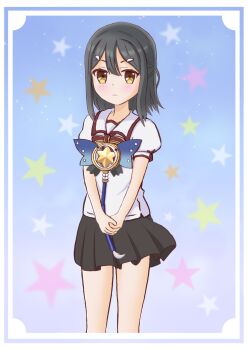 1girl akijet510 black_hair black_skirt commentary_request fate/kaleid_liner_prisma_illya fate_(series) highres holding holding_wand homurabara_academy_elementary_school_uniform looking_at_viewer miyu_edelfelt pleated_skirt revision school_uniform shirt skirt solo standing star_(symbol) star_symbol_background wand white_shirt yellow_eyes