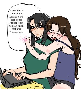 2girls azumanga_daiou bare_shoulders black_hair black_shorts blue_shirt brown_hair closed_eyes computer green_shirt highres holding holding_laptop hug kurosawa_minamo kyuunn laptop long_hair multiple_girls open_mouth shirt shorts sidelocks simple_background sleeveless sleeveless_shirt tanizaki_yukari white_background yuri