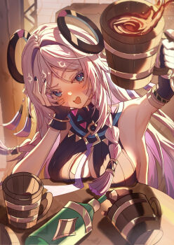 1girl absurdres alcohol beer beer_mug black_leotard blue_eyes blush breast_rest breasts citlali_(genshin_impact) commentary_request cup drunk fingerless_gloves floating_headgear genshin_impact gloves hair_intakes headgear highres holding holding_cup large_breasts leotard long_hair maaashuro mug open_mouth pink_hair solo table very_long_hair