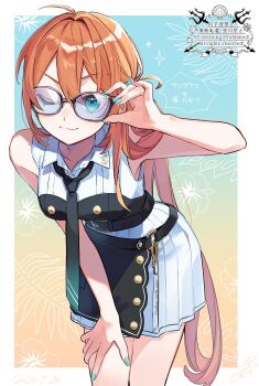 1girl adjusting_eyewear ahoge aqua_nails armpits blue_eyes blue_nails blush breasts buttons closed_mouth collarbone commentary cowboy_shot double-breasted dress glasses green_nails hair_ornament hand_on_own_thigh harunpi highres leaning_forward long_hair looking_at_viewer medium_breasts one_eye_closed orange_hair original ponytail sleeveless sleeveless_dress smile solo star_(symbol) star_hair_ornament very_long_hair white_dress