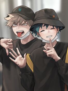 Rule 34 | 2boys, ^ ^, aqua hair, bad id, bad pixiv id, bakugou katsuki, baseball cap, behind another, black eyes, black hat, black shirt, blonde hair, blurry, blurry background, boku no hero academia, bucket hat, character logo, closed eyes, commentary, constricted pupils, cut (nifuhami 35), depth of field, eyebrows hidden by hair, facing viewer, finger to mouth, furrowed brow, grin, hair between eyes, hand up, hands up, hat, head tilt, index finger raised, long sleeves, looking at viewer, male focus, mask, midoriya izuku, mouth mask, mouth mask under chin, multiple boys, multiple scars, open hand, open mouth, outstretched hand, puffy long sleeves, puffy sleeves, scar, scar on hand, shirt, short hair, shoulder strap, shushing, smile, spiked hair, thumbs down, tongue, tongue out, tsurime, uneven eyes, upper body, white mask, x (symbol)