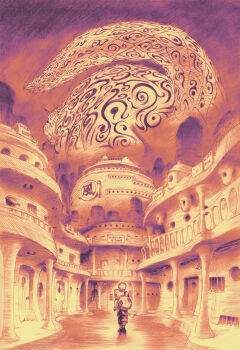 Rule 34 | 2boys, billboard, body markings, building, city, desert, door, from behind, gaara (naruto), giant, giant monster, gourd, highres, iron bars, kaiju, limited palette, multiple boys, naruto (classic), naruto (series), night, outdoors, pillar, railing, sash, sharp teeth, short hair, short sleeves, shukaku (naruto), size difference, spiked hair, stairs, tail, tanuki, teeth, traditional media, tuyopon, walking, window