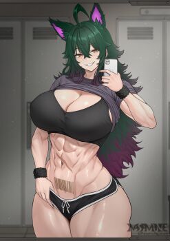 1girl abs animal_ears artist_name barcode barcode_tattoo black_shorts black_sports_bra breasts cellphone cleavage clothes_lift commentary commission cowboy_shot crossed_bangs dolphin_shorts english_commentary gradient_hair green_hair grey_shirt grin groin hair_between_eyes highres holding holding_phone indoors large_breasts locker locker_room looking_at_phone masamune_oekaki micro_shorts mirror mirror_selfie multicolored_hair muscular muscular_female navel orange_eyes original phone purple_hair reflection reflection_focus scar scar_on_stomach selfie shirt shirt_lift short_sleeves shorts sidelocks smartphone smile solo sports_bra standing stomach stomach_tattoo tattoo teeth thick_thighs thighs two-tone_hair vgen_commission wolf_ears wolf_girl wristband