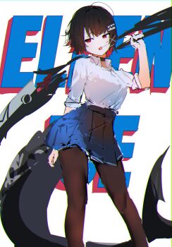 1girl absurdres black_hair blue_skirt breasts brown_pantyhose character_name collar colored_inner_hair commentary_request ellen_joe ellen_joe_(on_campus) feet_out_of_frame fins fish_tail hand_up highres holding holding_weapon katata lollipop_in_mouth looking_to_the_side medium_breasts mole mole_under_eye multicolored_hair official_alternate_costume open_clothes over_shoulder pantyhose razor_blade_hair_ornament red_eyes scar scar_on_tail shark_girl shark_tail shirt shirt_tucked_in short_hair skirt sleeves_rolled_up solo tail weapon weapon_over_shoulder white_background white_shirt zenless_zone_zero