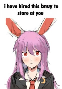 1girl animal_ears bad_id bad_twitter_id blazer blush bnuuy_(meme) english_text grey_jacket i_have_hired_x_to_stare_at_you_(meme) image_macro_(meme) jacket long_hair looking_at_viewer meme necktie portrait purple_hair rabbit_ears red_eyes red_necktie reisen_udongein_inaba shirt signature sketch smile sparkle71059204 staring touhou upper_body white_shirt