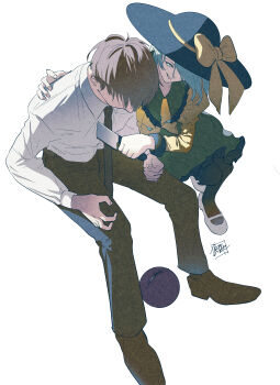 1boy 1girl absurdres artist_name black_hair black_hat black_necktie black_pants black_pantyhose black_shoes bow collared_shirt frilled_shirt_collar frilled_skirt frills green_bow green_hair green_ribbon green_shirt green_skirt hand_on_another&#039;s_back hat hat_bow hat_ribbon highres holding holding_knife holding_weapon knife knife_in_chest komeiji_koishi long_sleeves looking_at_another necktie pants pantyhose parted_lips ribbon shirt shoes short_hair signature skirt smile sokura_(mochichitose) stab touhou weapon white_eyes white_shirt white_shoes wide_brim