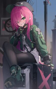 Rule 34 | 1girl, absurdres, baseball cap, black hat, black pantyhose, black survival, boots, character request, check character, commentary request, earrings, eternal return: black survival, fingerless gloves, gloves, green boots, green eyes, green gloves, green jacket, grin, hat, highres, jacket, jewelry, korean commentary, long hair, long sleeves, looking at viewer, mannack, mirka (black survival), outdoors, pantyhose, parted lips, peaked cap, pink hair, sitting, smile, solo, teeth