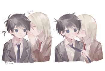 Rule 34 | 2boys, ?, akinashi haru, black hair, black jacket, blue eyes, blue necktie, blush, borderless panels, brown cardigan, cardigan, clothes grab, collared shirt, covering own mouth, dress shirt, formal clothes, hashtag-only commentary, highres, jacket, kiss, kissing cheek, lapels, male focus, mixed-language text, multiple boys, necktie, necktie grab, neckwear grab, red necktie, romaji text, saihate eki, shirt, simple background, suit jacket, tatsunami shion, thai text, translation request, ttyyuwwuw, upper body, whispering in ear, white background, white hair, white shirt, yaoi