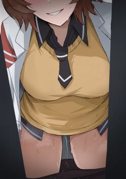 1girl agnes_tachyon_(tach-nology)_(umamusume) agnes_tachyon_(umamusume) black_shirt blush breasts brown_hair clenched_teeth head_out_of_frame highres lab_coat large_breasts namikare pussy_juice shirt short_hair smile solo sweat sweater_vest teeth thighs umamusume yellow_sweater_vest