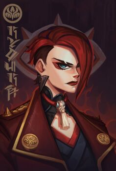 Rule 34 | blue eyes, earrings, eyebrow cut, eyeliner, gachiakuta, hair over one eye, highres, jewelry, kyouka nijiku, long coat, makeup, red background, red hair, red lips, serious, short hair, triangle earrings, undercut, upper body, william moiriat