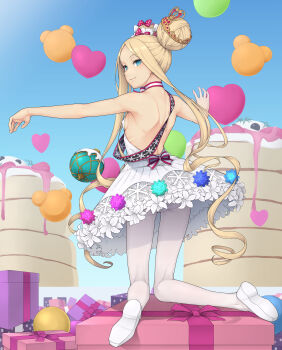 1girl abigail_williams_(fate) abigail_williams_(santa)_(fate) absurdres back balloon bare_shoulders blonde_hair blue_eyes blush bow box breasts double_bun dress fate/grand_order fate_(series) food forehead gift gift_box hair_bow hair_bun highres kneeling long_hair looking_at_viewer looking_back oversized_food oversized_object pancake pancake_stack pantyhose parted_bangs red_bow sash sidelocks small_breasts smile solo tiara very_long_hair white_bow white_dress white_pantyhose yossyzero