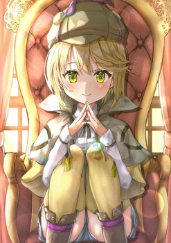 Rule 34 | 1girl, absurdres, armchair, black boots, blonde hair, blush, boots, capelet, chair, closed mouth, commentary request, deerstalker, denim, denim shorts, detective, eyelashes, feet out of frame, green eyes, grey capelet, hair between eyes, hands up, hat, heaven burns red, highres, indoors, irene redmayne, knees together feet apart, knees up, long sleeves, looking at viewer, own hands together, petite, shirt, short hair, shorts, sidelighting, sitting, smile, solo, steepled fingers, straight-on, swept bangs, tareme, tatika714, thighhighs, thighs, white shirt, yellow thighhighs