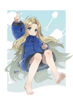 1girl absurdres aqua_eyes arm_up bare_legs barefoot blonde_hair blue_coat blush closed_mouth coat commentary diana_(pragmata) drawstring feet full_body highres laidogp long_hair long_sleeves looking_at_viewer padded_coat pragmata puffy_coat puffy_long_sleeves puffy_sleeves soles solo toes v very_long_hair