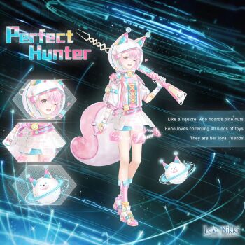 1girl animal_ears ankle_socks artist_request asymmetrical_hair belt black_bow blue_shorts blue_vest bow brown_eyes character_name close-up copyright_logo cross-laced_vest dot_nose english_text fake_horns fake_tail fingerless_gloves full_body gloves gun hair_between_eyes happy heart helmet high_heels holding holding_gun holding_weapon horned_helmet horns jacket light_blush light_particles logo long_sleeves looking_at_viewer loose_hair_strand mechanical_tail messy_hair miniskirt miracle_nikki nikki_(series) official_art one_eye_closed open_clothes open_jacket open_mouth over_shoulder perfect_hunter_(miracle_nikki) pink_belt pink_hair pink_shirt pink_socks puffy_long_sleeves puffy_sleeves robot science_fiction shirt shoes short_hair shorts shorts_under_skirt shotgun skirt smile sneakers socks solo space_helmet sparkle squirrel_ears squirrel_tail standing tail tareme teeth third-party_source three-quarter_sleeves upper_teeth_only vest watch weapon weapon_over_shoulder white_gloves white_helmet white_jacket white_shoes white_skirt wristwatch