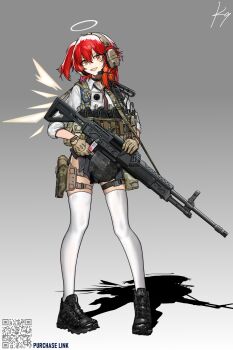 1girl alternate_costume ammunition_box ammunition_pouch angel arknights belt belt_collar black_belt black_boots black_gloves boots brown_gloves buckle camouflage carabiner cellphone charm_(object) chest_rig chinese_commentary collar collared_shirt commentary_request commission detached_wings diagonal-striped_clothes diagonal-striped_necktie ear_protection energy_wings english_text exusiai_(arknights) full_body gloves gradient_background grey_background grey_skirt gun gun_sling halo headset highres holding holding_gun holding_weapon holster is-8_shi_zhong_zhan_che looking_at_viewer machine_gun magazine_(weapon) muzzle_device necktie one_side_up open_mouth phone pleated_skirt pouch qjy-201 qr_code red_eyes red_hair red_necktie shadow shirt short_hair signature simple_background skindentation skirt sleeves_rolled_up smartphone smile snap-fit_buckle solo standing striped_clothes striped_necktie tactical_clothes thigh_holster thigh_pouch thighhighs traditional_halo trigger_discipline walkie-talkie weapon white_shirt white_thighhighs wings woodland_camouflage zettai_ryouiki