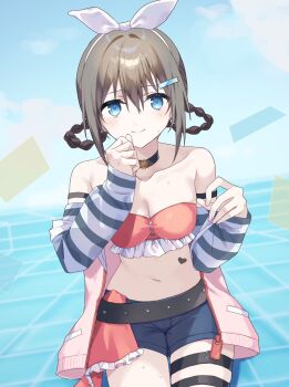 1girl bare_shoulders bikini bikini_top_only black_choker blue_eyes blue_shorts blush braid braided_hair_rings breasts brown_hair choker cleavage closed_mouth collarbone commentary frilled_bikini frills hair_rings highres jacket looking_at_viewer love_live! love_live!_nijigasaki_high_school_idol_club love_live!_nijigasaki_high_school_idol_club_the_movie_-_finale monigiri_(sstsmock) navel nervous_sweating off_shoulder osaka_shizuku pink_jacket red_bikini rise_up_high!_(love_live!) short_shorts shorts solo split_mouth stomach strapless strapless_bikini striped_arm_warmers sweat sweatdrop swimsuit thigh_strap white_arm_warmers