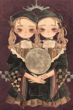 Rule 34 | 2girls, acrylic paint (medium), beret, black hat, blonde hair, blush, bow, braid, brown eyes, brown skirt, closed mouth, commentary request, crown, dress, expressionless, floral print, full moon, hair ribbon, hat, highres, holding, karintoun, long hair, long sleeves, looking at viewer, moon, multiple girls, original, painting (medium), pale skin, portrait, purple background, ribbon, signature, simple background, skirt, straight-on, traditional media, twin braids, twintails, watercolor (medium)