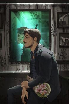 Rule 34 | 1boy, adam's apple, beard, black jacket, black pants, blue eyes, blue shirt, bouquet, brown hair, buttons, cigarette, collared shirt, commentary, crack, cracked glass, death stranding, death stranding 2: on the beach, different reflection, english commentary, facial hair, feet out of frame, flower, handprint, highres, holding, jacket, lapels, leaf, male focus, mirror, neil vana, notched lapels, open clothes, open collar, open shirt, pants, photo (object), pink flower, reflection, shirt, short sideburns, sideburns, sitting, skull, slackdzove, smoking, solo, suit jacket, teeth