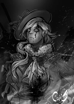 1girl absurdres ascot blood capelet check_spoilers chinzynator92 chronicles_of_the_siren_war dark_background dress earrings facing_another fur_collar ghost greyscale hair_over_shoulder highres hood_(azur_lane) jewelry long_hair looking_at_another monochrome night signature solo tilted_headwear torn_ascot torn_clothes upper_body veins