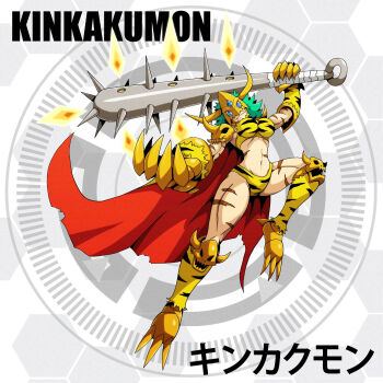 Rule 34 | 1girl, armor, blue eyes, breasts, cape, circle, d sandy, digimon, digimon (creature), green hair, highres, horns, kinkakumon, looking at viewer, mace, medium hair, skull, smile, weapon