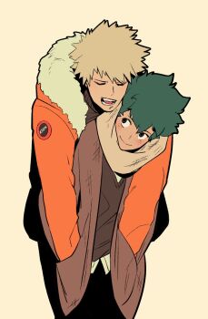 Rule 34 | 2boys, 5mll3, bakugou katsuki, black shirt, black sweater vest, blonde hair, blush, boku no hero academia, brown coat, closed eyes, closed mouth, coat, fur-trimmed hood, fur trim, green hair, hands in another's pockets, hood, hooded jacket, jacket, looking at another, looking to the side, male focus, midoriya izuku, multiple boys, open mouth, orange jacket, scarf, shirt, short hair, sideways glance, simple background, smile, sweater vest, teeth, turtleneck, white fur, white shirt, yaoi