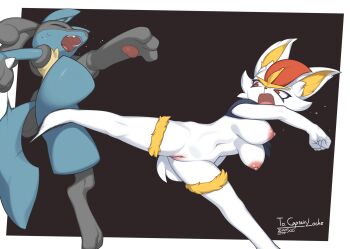 1boy 1girl absurdres animal_ears border breasts cinderace clenched_hands closed_eyes commentary commission crotch_kick dated english_commentary fighting fighting_stance furry furry_female furry_male gen_4_pokemon gen_8_pokemon highres kicking large_breasts lucario navel nintendo nipples open_mouth outside_border pawpads pokemon pussy rabbit_ears red_eyes signature tail uncensored white_border zinfyu