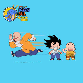 3boys bald bald_male beard black_eyes black_hair blue_background chibi dragon_ball facial_hair kuririn master_and_apprentice master_and_pupil multiple_boys muten_roushi running son_goku sunglasses surprised