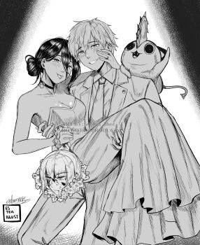 1boy 1girl absurdres artist_name breasts bride carrying chainsaw_man choker cleavage denji_(chainsaw_man) dress esteamanis formal_clothes grenade_pin greyscale groom hair_between_eyes hair_bun highres holding_detached_head jacket looking_at_viewer makima_(chainsaw_man) medium_breasts medium_hair monochrome necktie pant_suit pants pochita_(chainsaw_man) princess_carry reze_(chainsaw_man) short_hair strapless strapless_dress suit suit_jacket tongue tongue_out wedding_dress