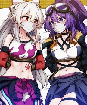 2girls absurdres alternate_costume alternate_hairstyle bdsm black_jacket bondage bound breasts cloth_gag eye_contact eyewear_on_head fujiwara_no_mokou gag gagged high_ponytail highres hijiri_byakuren improvised_gag jacket kikoka_(mizuumi) looking_at_another lying multiple_girls open_clothes open_jacket over_the_nose_gag ponytail purple_eyes purple_hair red_eyes rope shibari thigh_strap touhou touhou_lostword
