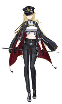 Rule 34 | 1girl, absurdres, aiguillette, black chaps, black gloves, black leggings, blonde hair, blue eyes, breasts, cane, coat, coat on shoulders, crop top, cy7989, full body, gloves, hair between eyes, hat, high-waist leggings, highres, holding, holding cane, leggings, long hair, looking at viewer, medium breasts, midriff, military uniform, original, peaked cap, pouch, solo, thigh pouch, very long hair, white background